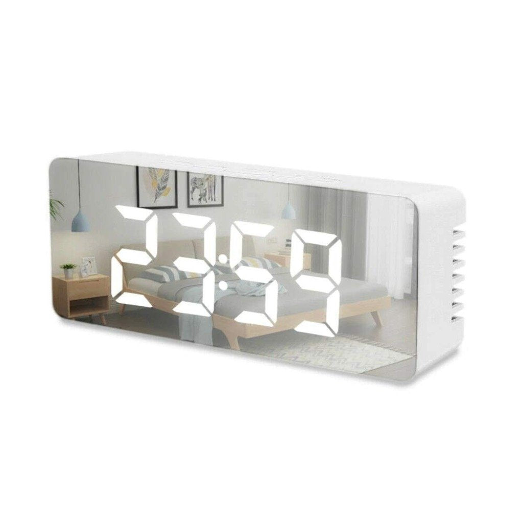 Digital LED Mirror Alarm Clock with Snooze, Dimmer & Battery Backup for Bedroom & Travel