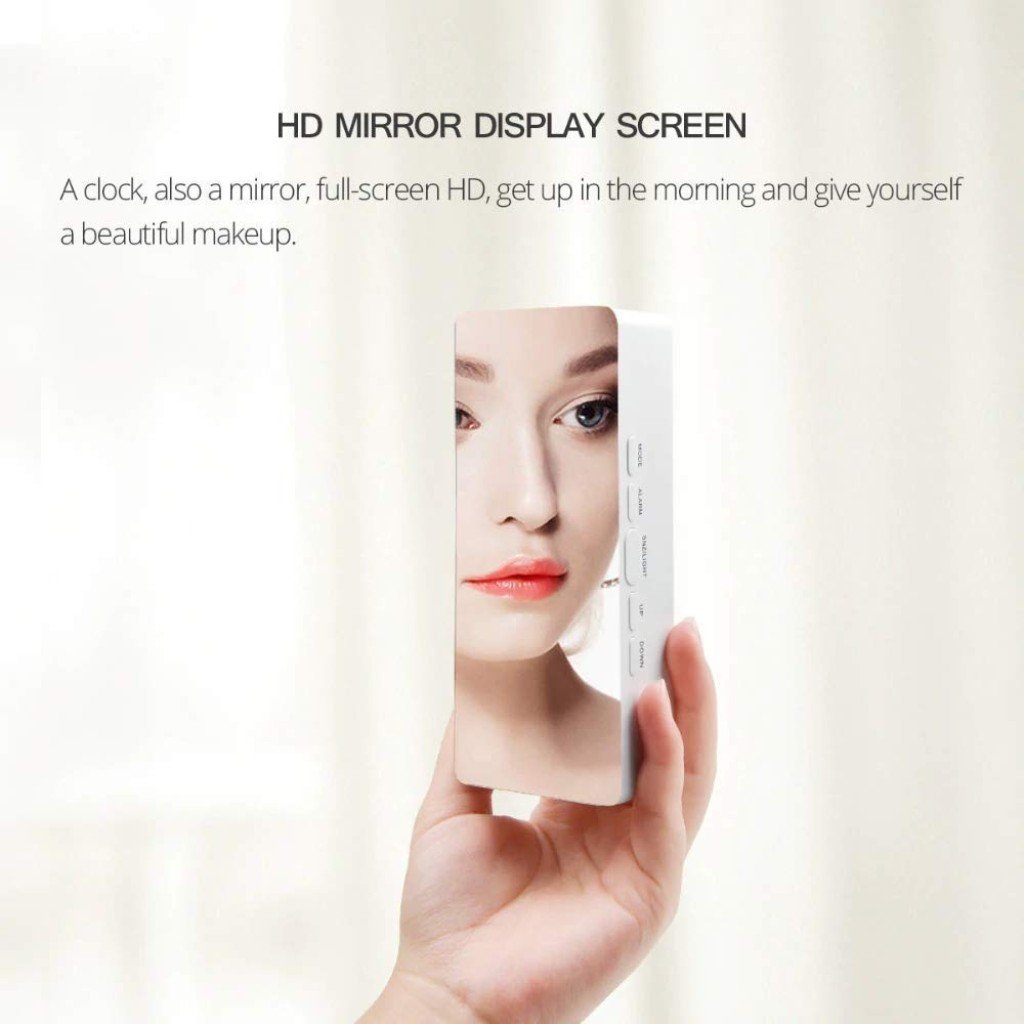 Digital LED Mirror Alarm Clock with Snooze, Dimmer & Battery Backup for Bedroom & Travel