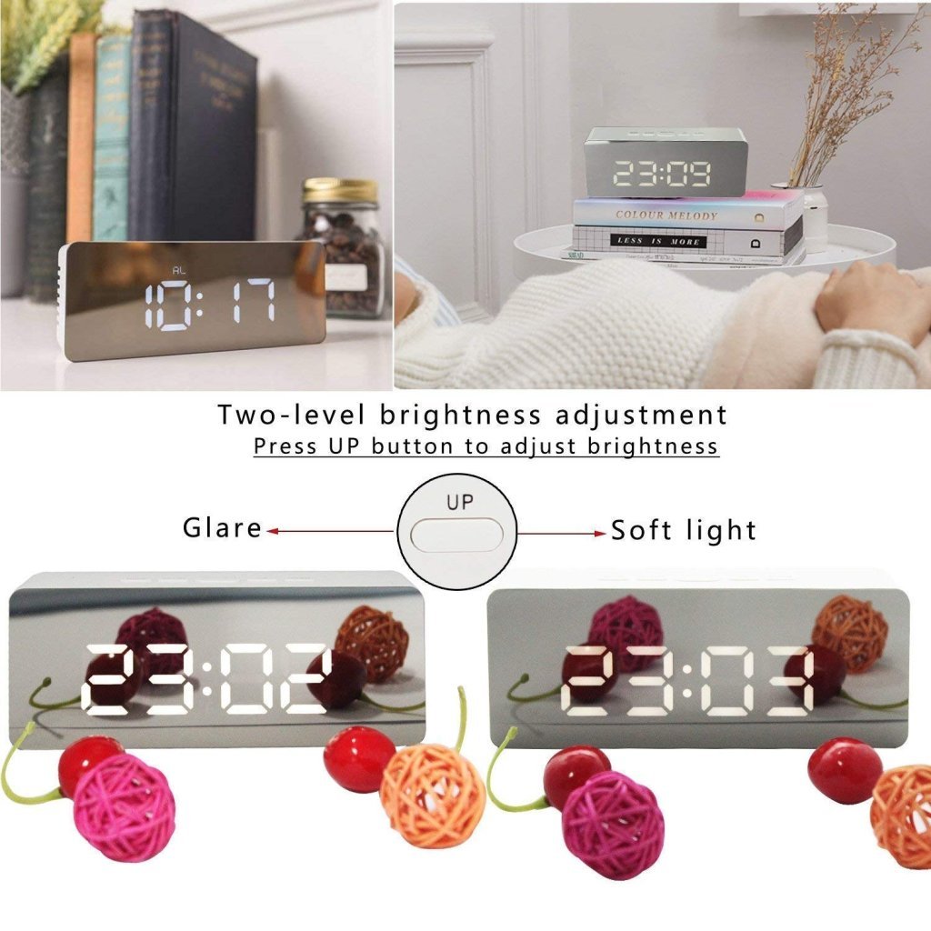 Digital LED Mirror Alarm Clock with Snooze, Dimmer & Battery Backup for Bedroom & Travel