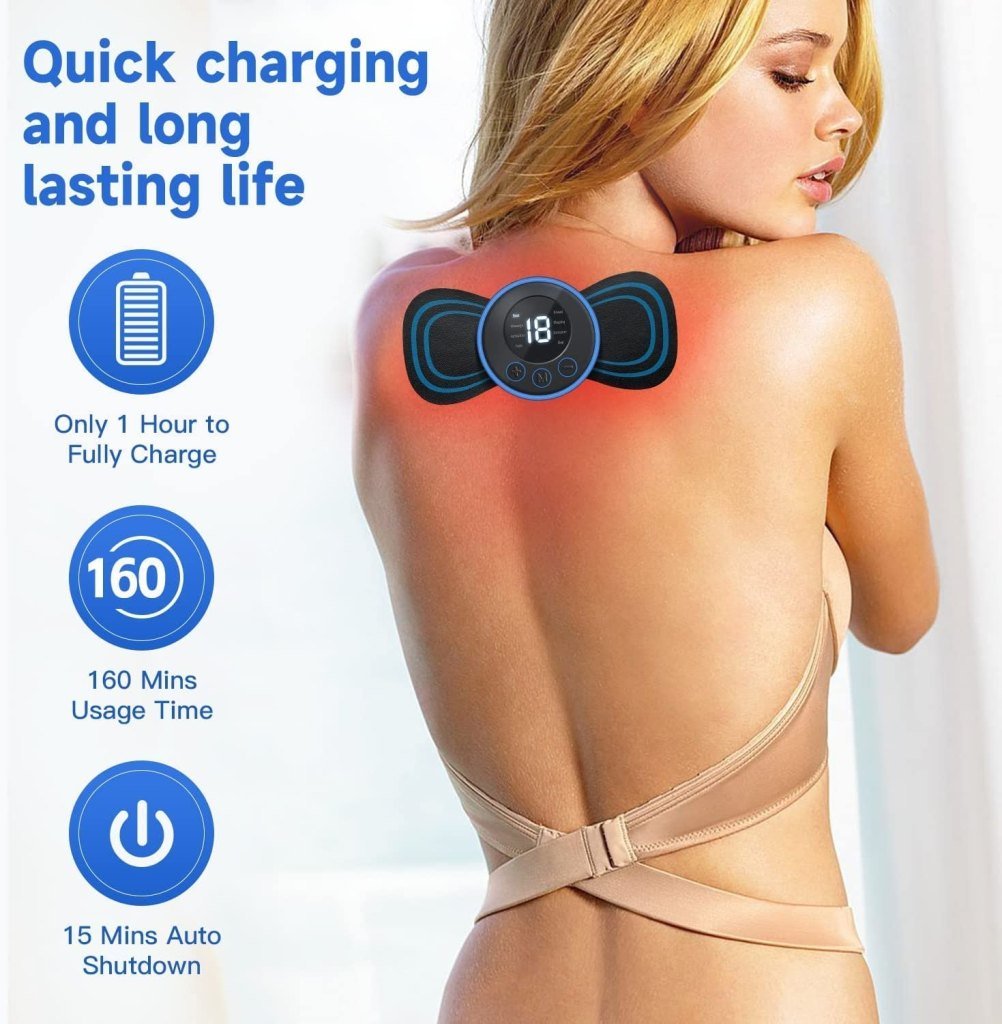 Wireless EMS Mini Butterfly Massager for Neck, Shoulder & Back Pain Relief, 8 Modes & 19 Levels