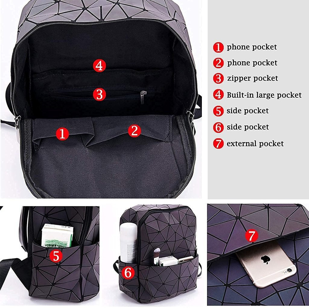 Reflective Geometric Holographic Bag for Girls & Women – Stylish, Luminous, College & Office Pack