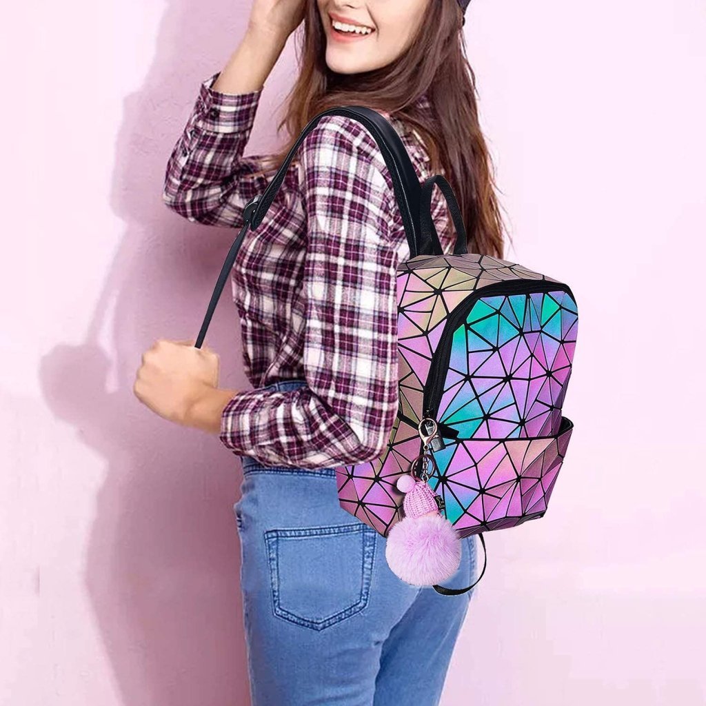 Reflective Geometric Holographic Bag for Girls & Women – Stylish, Luminous, College & Office Pack