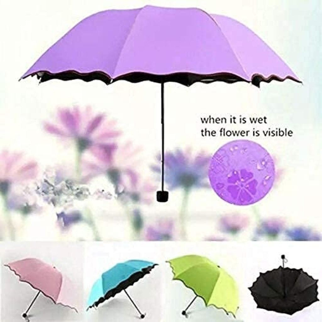 Magic Blossom Umbrella – Water-Activated Flower Print, 3-Fold, Sun & Rain for Women, Men & Kids