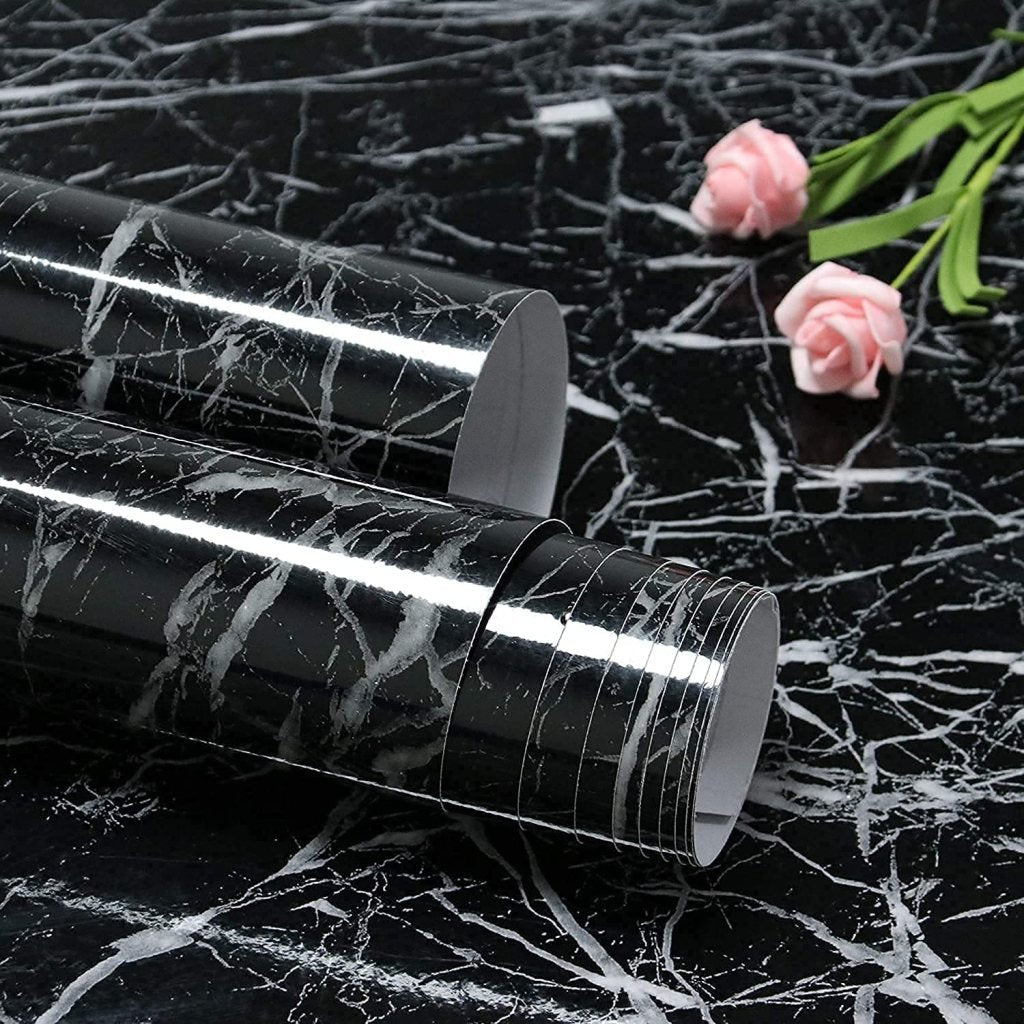 Black Marble Foil Roll – Self Adhesive, Waterproof, Removable Wallpaper for Counters & Cabinets