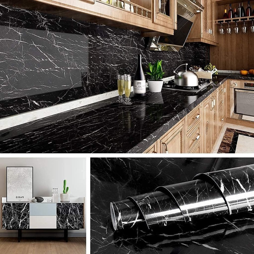 Black Marble Foil Roll – Self Adhesive, Waterproof, Removable Wallpaper for Counters & Cabinets