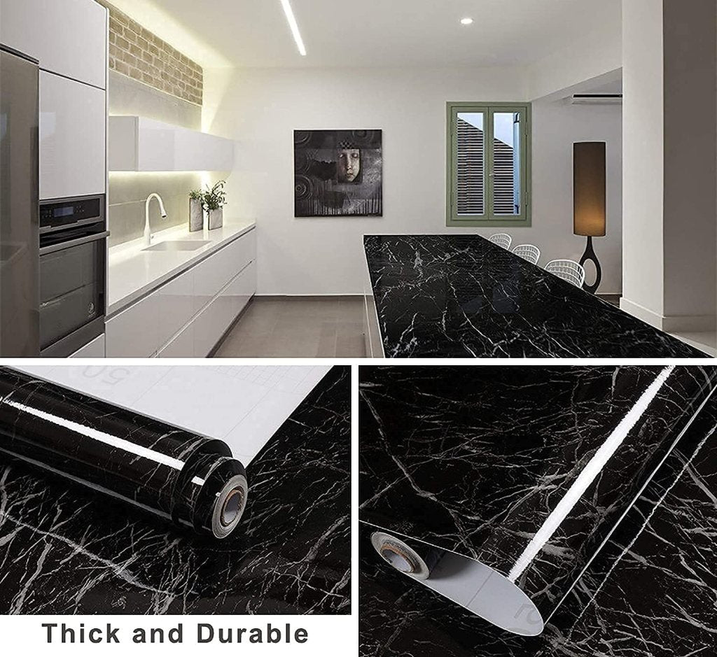 Black Marble Foil Roll – Self Adhesive, Waterproof, Removable Wallpaper for Counters & Cabinets