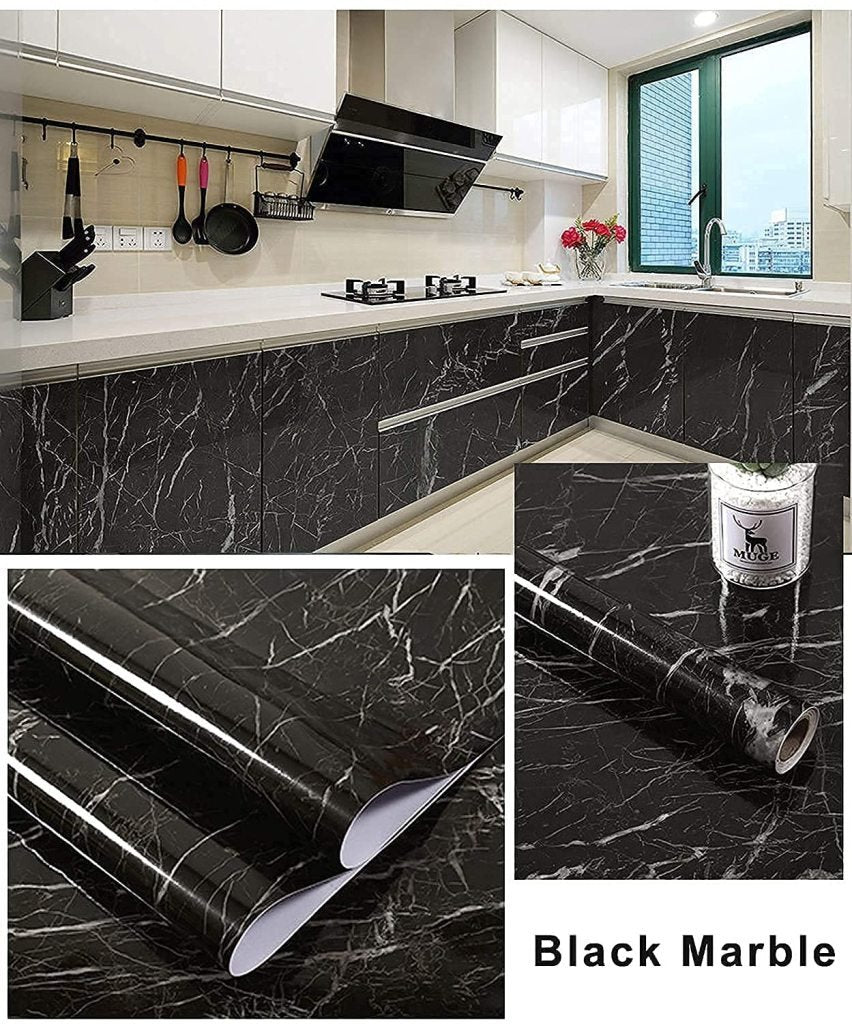 Black Marble Foil Roll – Self Adhesive, Waterproof, Removable Wallpaper for Counters & Cabinets