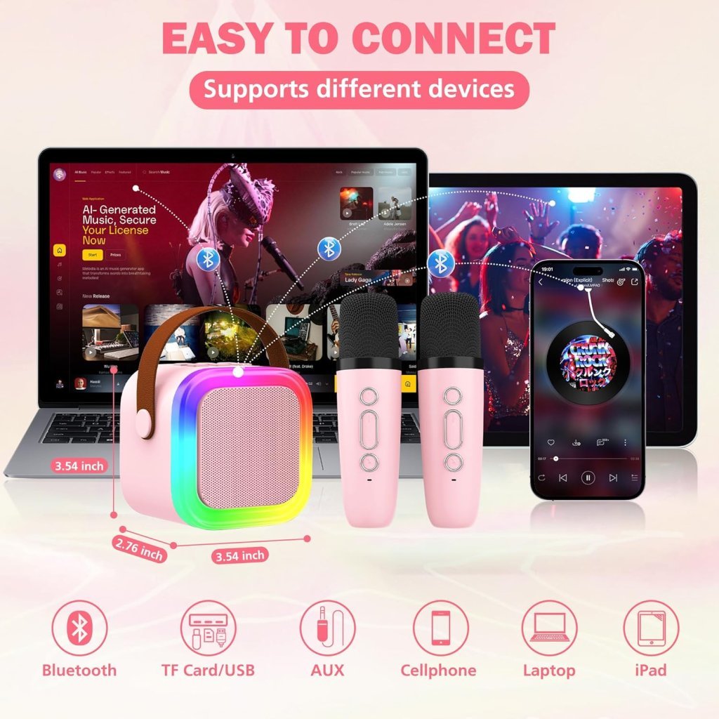 Bluetooth Karaoke Mic & Speaker – Rechargeable Portable Mini Karaoke Microphone with Built-in Speaker for Kids