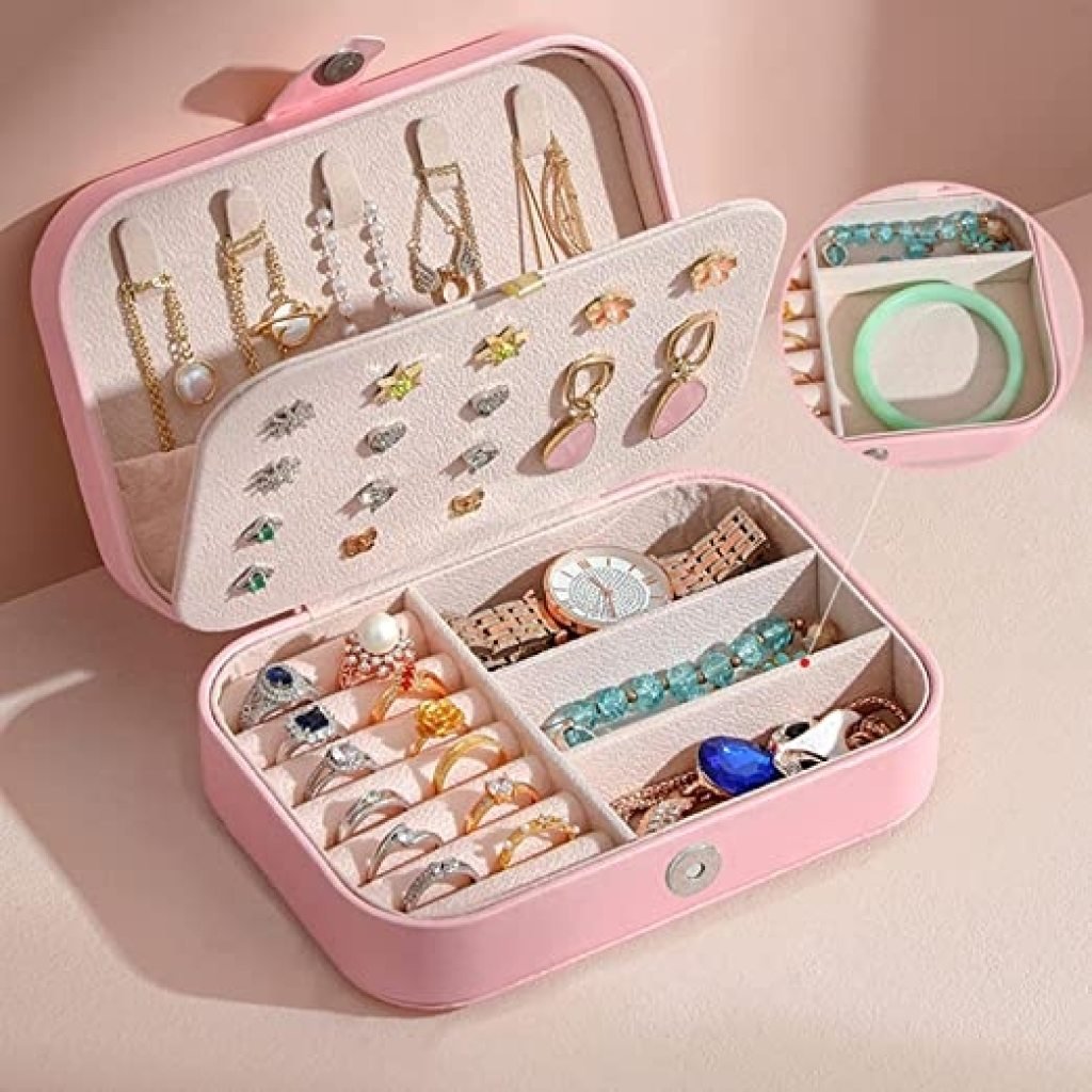 PU Leather Jewelry Organizer Box with Dividers – Portable Storage for Rings, Earrings & Necklaces