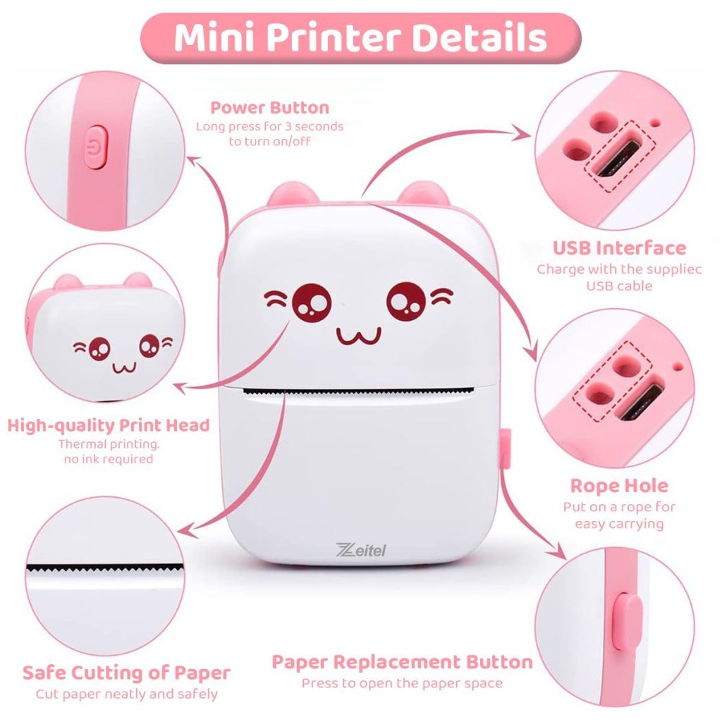 Portable Bluetooth Thermal Printer – Ink-Free, Rechargeable, for Android & iOS (Blue/Pink)