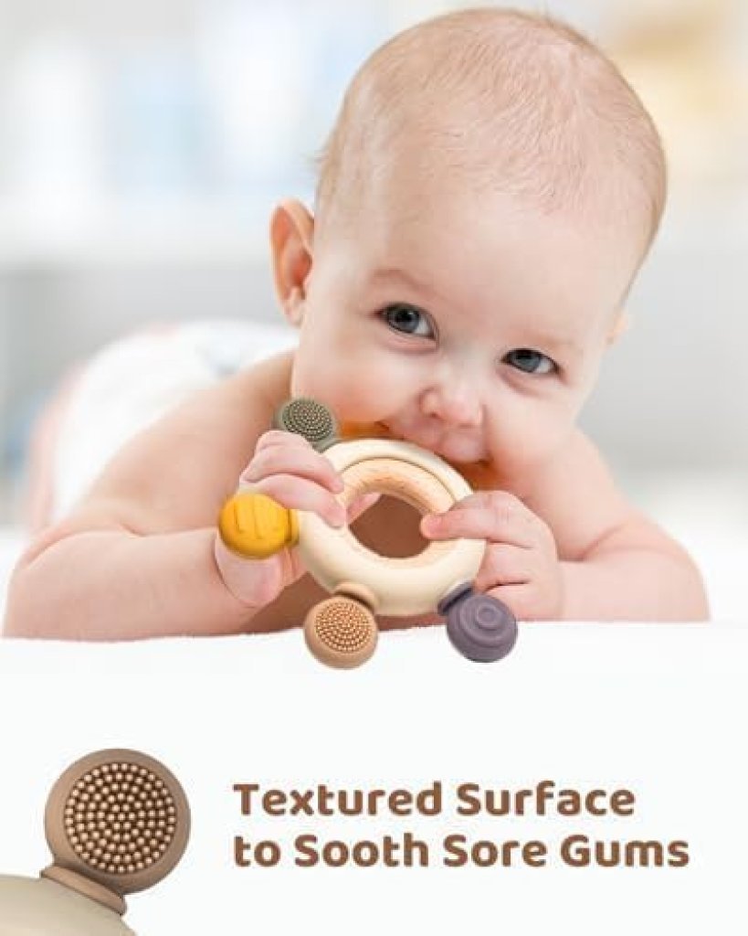 Silicone & Wooden Baby Teether – Soft Infant Teething Toy & Rattle Gift