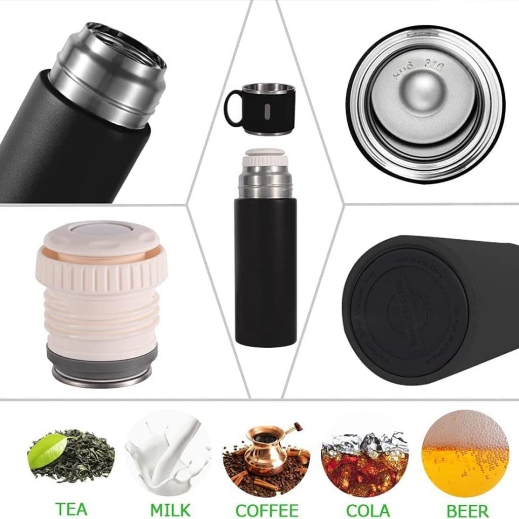 Stainless Steel Vacuum Flask Set with Steel Cups – Hot & Cold Drink Travel Bottle