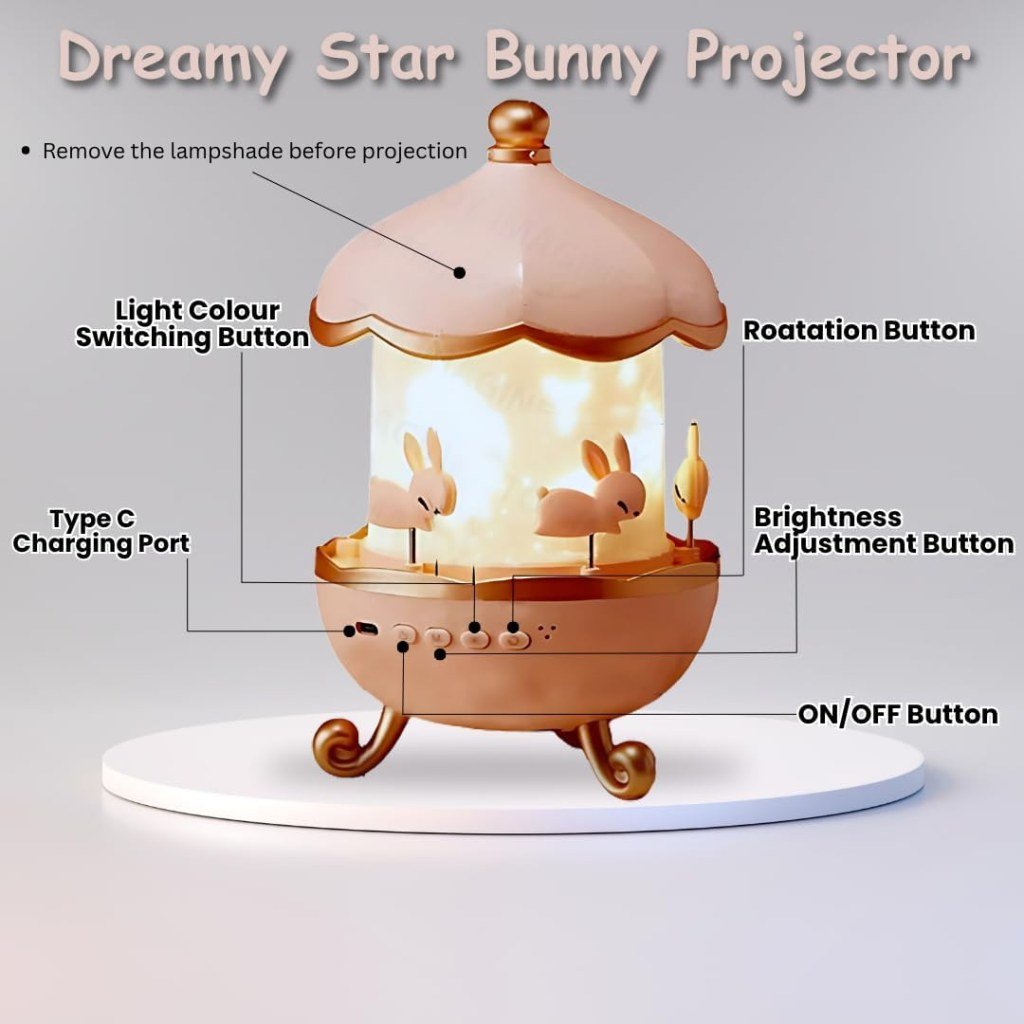Cute Bunny Star Projector Night Light – 360° Rotatable Galaxy Lamp for Kids & Nursery