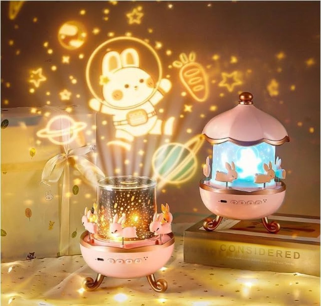 Cute Bunny Star Projector Night Light – 360° Rotatable Galaxy Lamp for Kids & Nursery