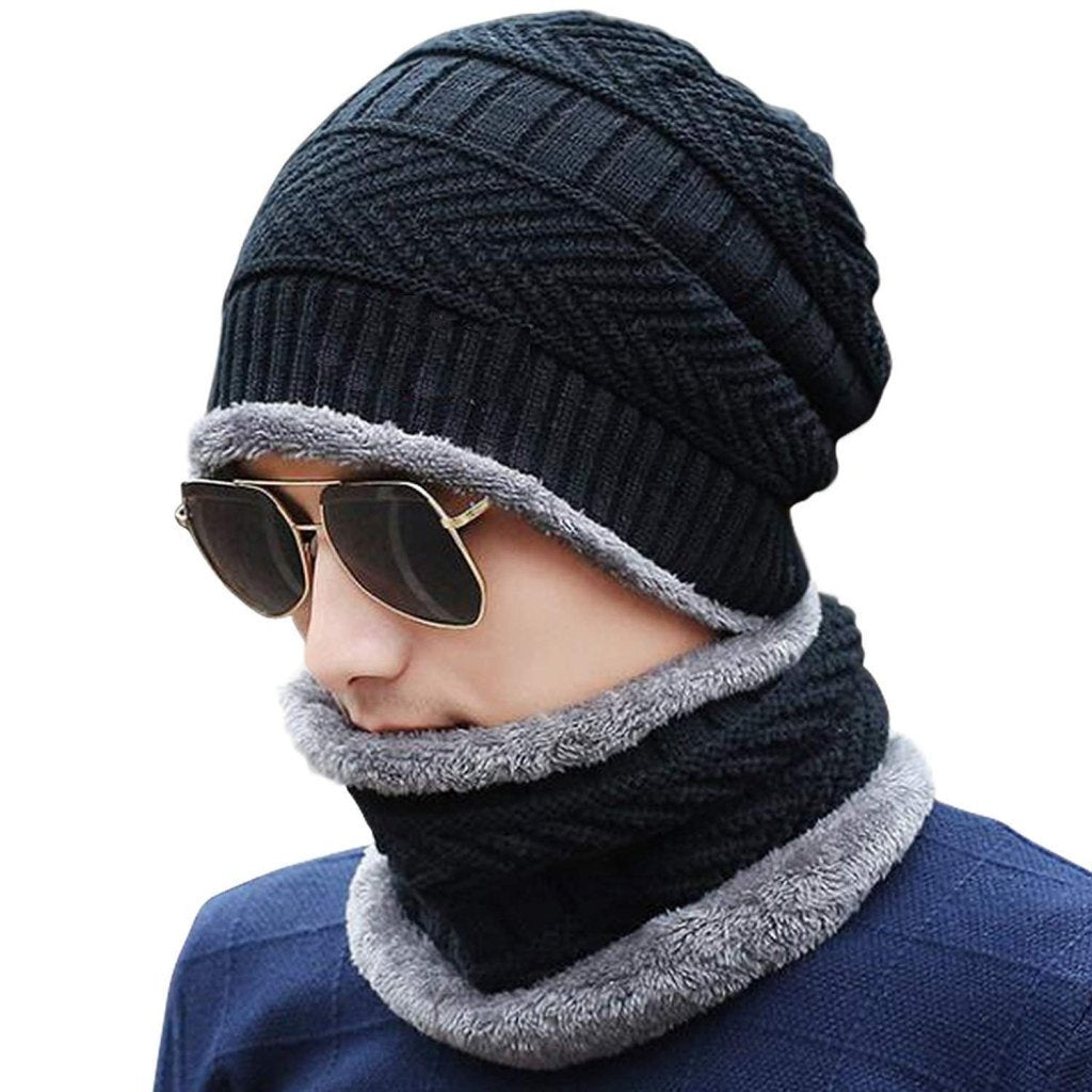 Warm Winter Knit Hat & Scarf Combo for Men & Women – Fleece-Lined & Thick Woolen Cap