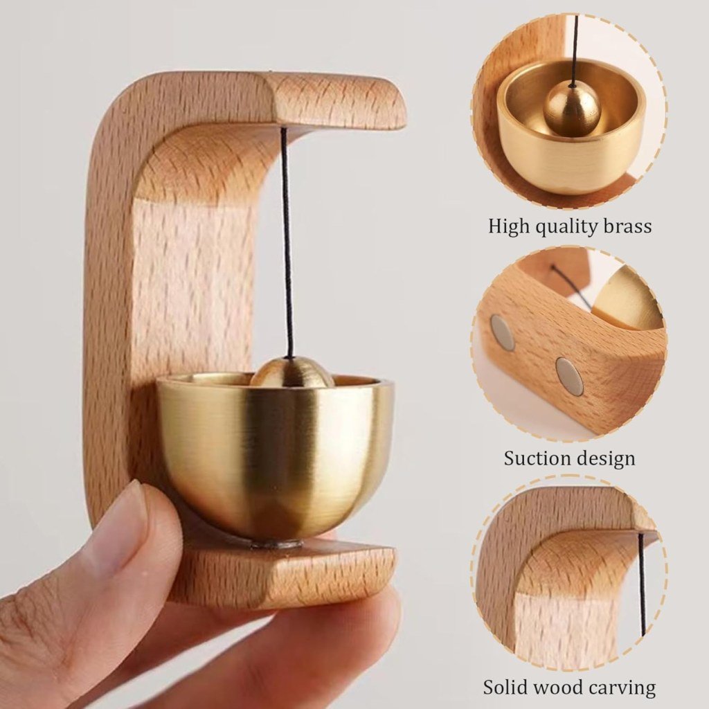 Vintage Beech Wood Doorbell with Brass Bell – Classic Wall Mount Chime