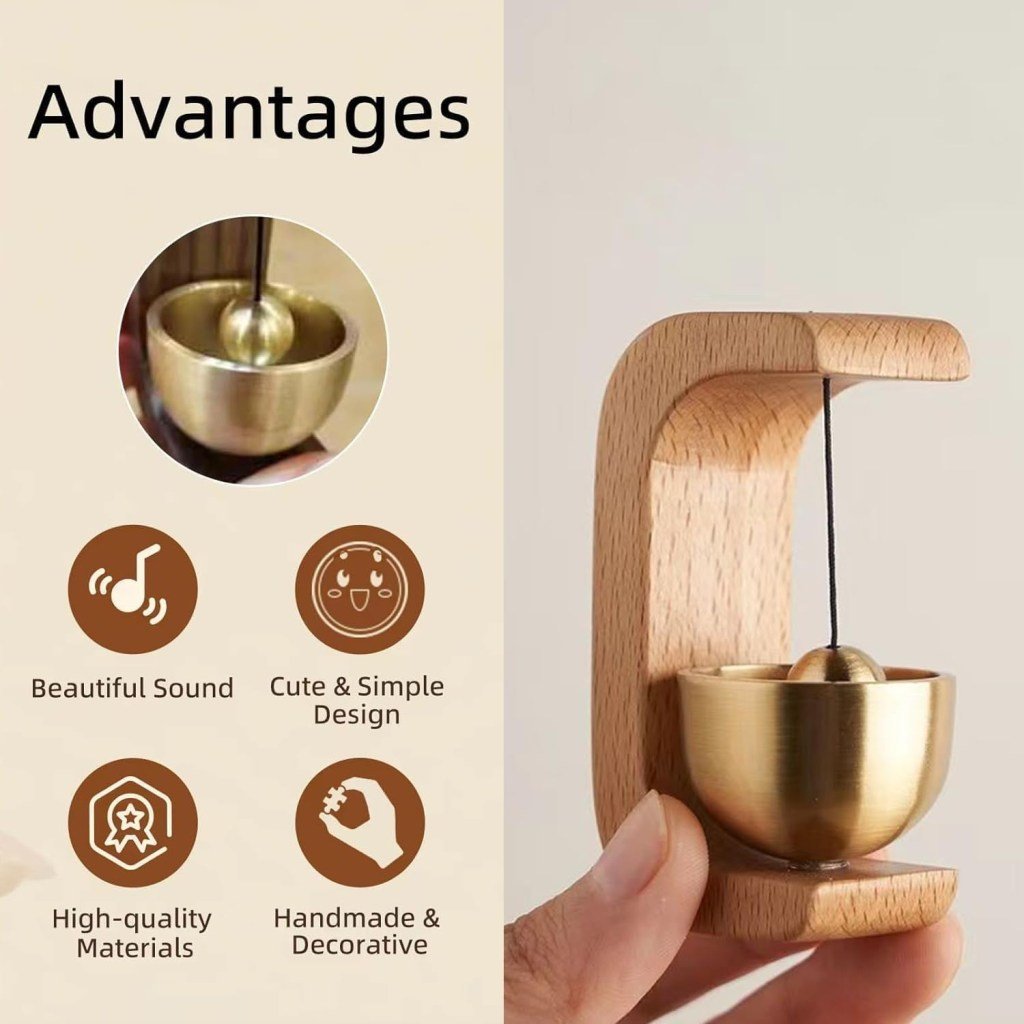 Vintage Beech Wood Doorbell with Brass Bell – Classic Wall Mount Chime